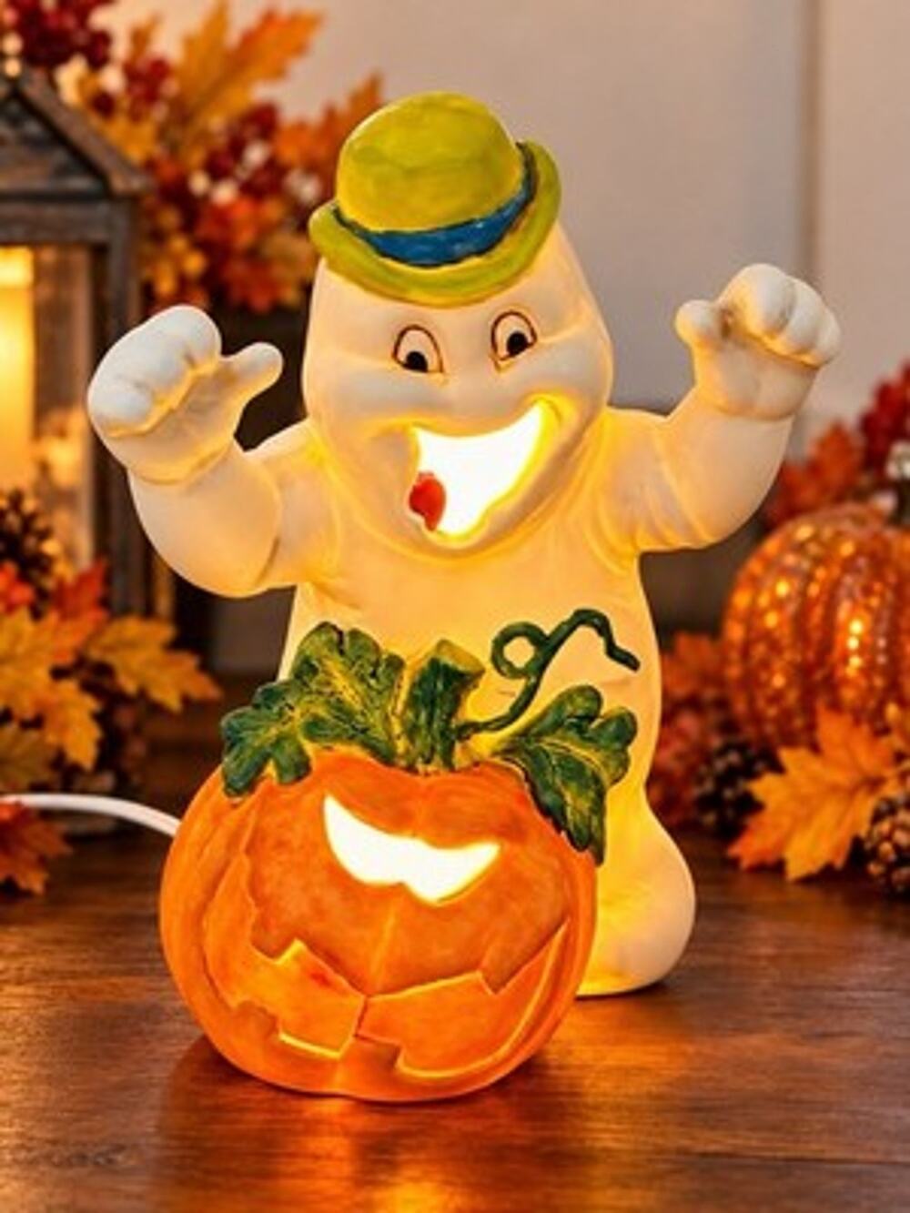 Vtg Brinn’s Halloween Porcelain Lighted Happy Ghost & Pumpkin Decoration 8.5”H